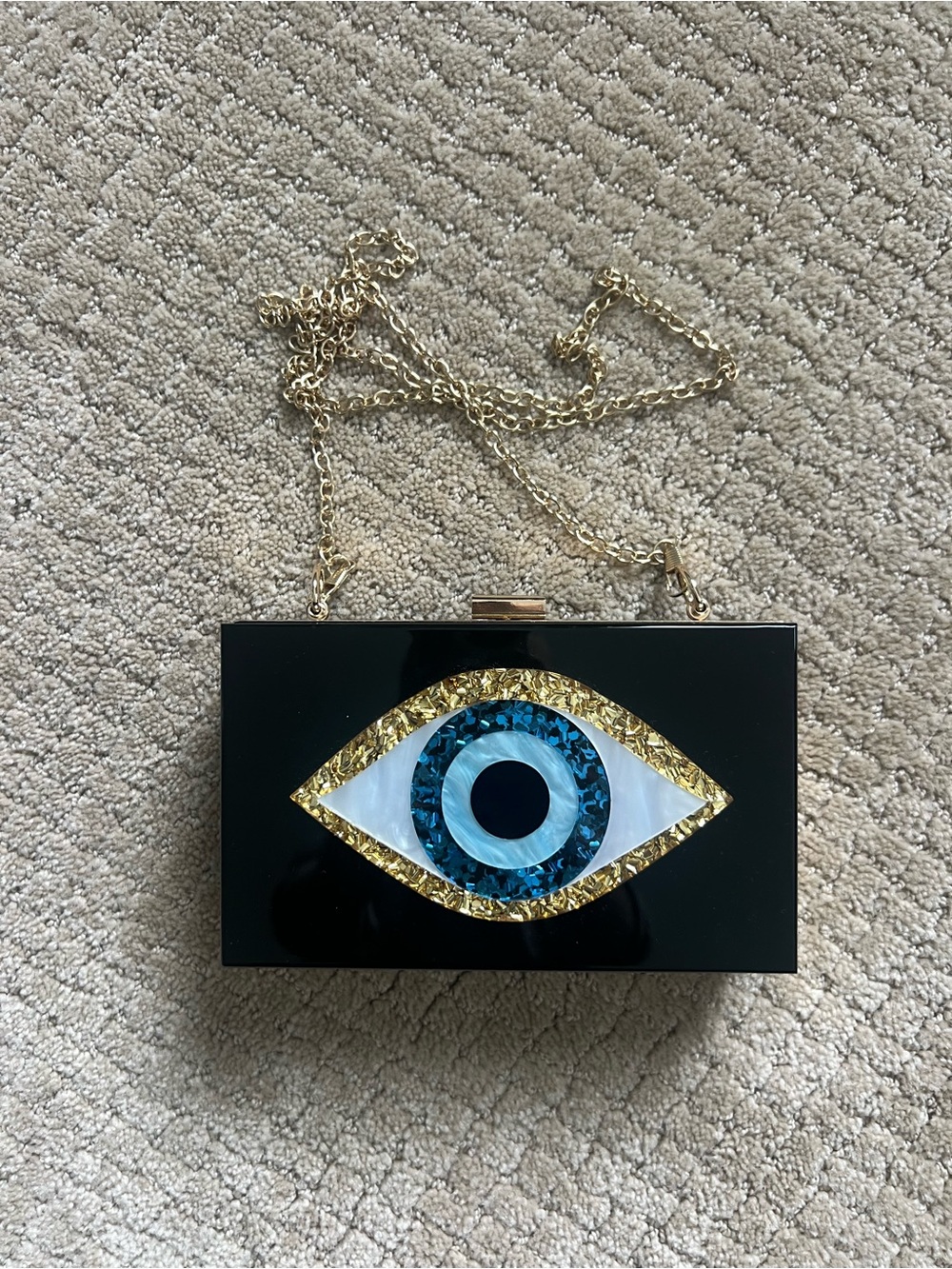 Amazon Black Box Clutch with Blue Eye and Gold Chain